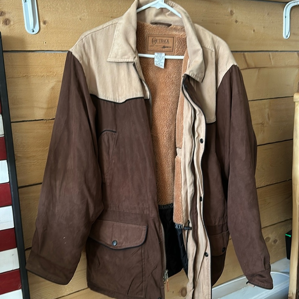 Outback brown and tan two tone men’s jacket with zipper and pockets